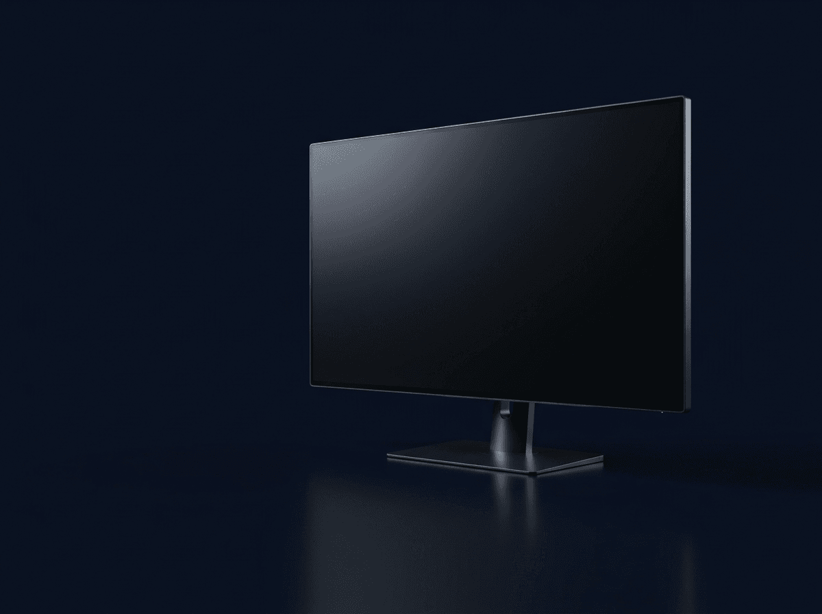 Monitor de bordes delgados en fotografía editorial sobre fondo azul profundo